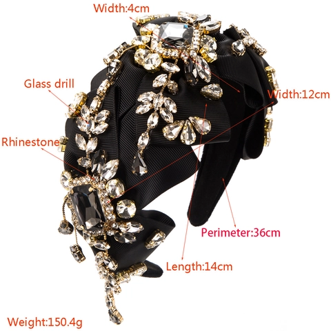 Baroque Vintage Wide Headband For Women Luxury Alloy Rhinestone Bow Hair Band Retro Velvet Padded Headwear Banquet Jewelry Gift