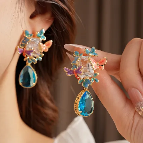 Vintage Enamel Butterfly Teardrop Statement Earrings With Zircon And Silver Earring Post Retro Copper Jewelry For Women