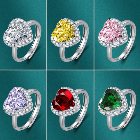 Heart Shaped Zircon Ring For Women Adjustable Copper Ring Colorful Halo Gemstone Wedding Jewelry Fashion Vintage