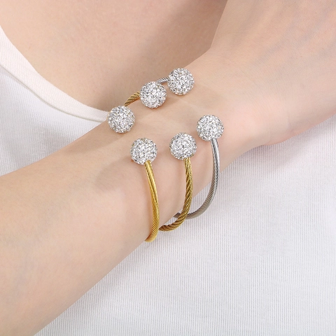 Stainless Steel Cable Twisted Wire Open Cuff Bracelet With Pave Rhinestone Ball Ends Fashion Elegant Jewelry For Women