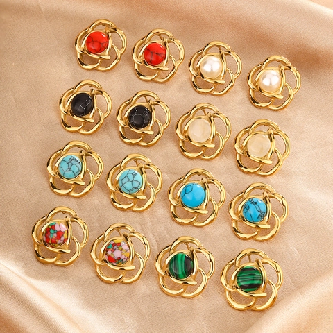 Camellia Flower Stud Earrings 18K Gold Plated Stainless Steel With Artificial Pearl Turquoise Cat Eye Stone French Retro Vintage Jewelry For Women