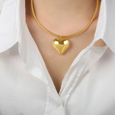 Collana Con Pendente A Cuore Cavo Stereoscopico Acciaio Al Titanio Placcato Oro Lucido A Specchio Catena A Serpente