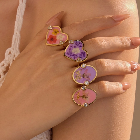Stainless Steel Ring With Real Dried Flower Resin Heart Oval Adjustable Elegant Fashion Jewelry For Women