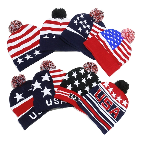 Berretto In Maglia Acrilico Bandiera Americana USA Stella Striscia Jacquard Inverno Caldo Pompon Unisex Patriottico