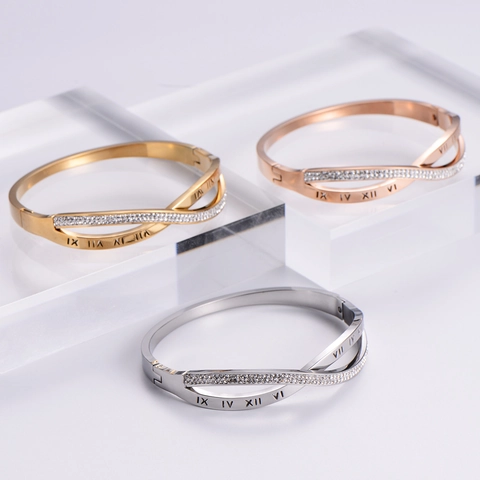 Bracciale Rigido Incrociato Acciaio Inossidabile 316L Numeri Romani Strass Gioielli Di Moda Per Donna Regalo Elegante