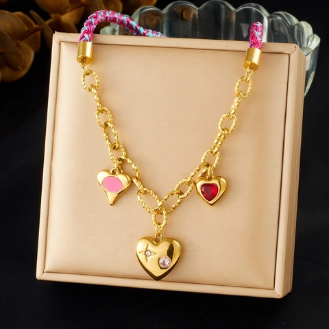 Collar Colgante Corazón Acero Inoxidable Chapado En Oro Cuerda Trenzada Rosa Azul Degradado Estilo Dulce Cool Accesorio Mujer