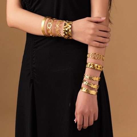 18K Gold Plated 304 Stainless Steel Cuff Bracelet For Women Waterproof Adjustable Heart Star Feather Flower Fashion