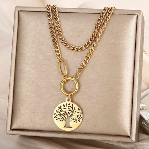 Double Layer Necklace Stainless Steel Tree Of Life Pendant Cuban Chain Hollow Fashion Trendy Jewelry For Women