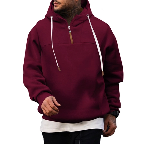 Men's Casual Long Sleeve Pullover Hoodie Fleece Lined Quarter Zip Patchwork Loose Hooded Sweatshirt Winter Warm Outerwear Top