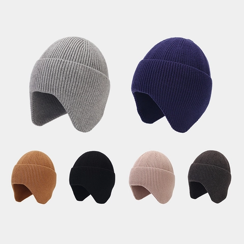Winter Knitted Beanie Hat With Ear Protection Warm Acrylic Ribbed Solid Color Outdoor Cold Proof For Men Women