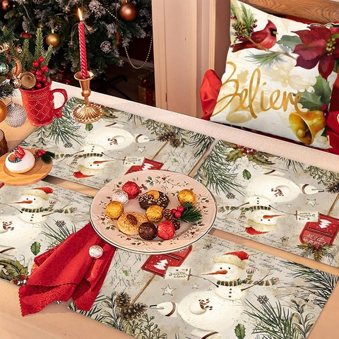 Set De Table Noël Polyester Bonhomme De Neige Boîte Aux Lettres Style Vintage Résistant À La Chaleur Décoration De Table Fête