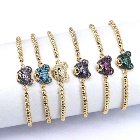 Bracelet Ajustable Pendentif Ours Cuivre Plqué Or Zircon Coloré Chaîne À Billes Bijoux Élégants Pour Femmes