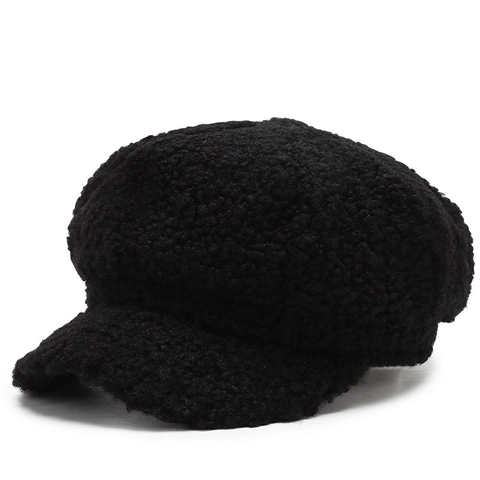 Faux Lamb Wool Newsboy Cap Women Winter Warm Octagonal Hat Solid Color PU Leather Brim Fashion Casual Retro Style