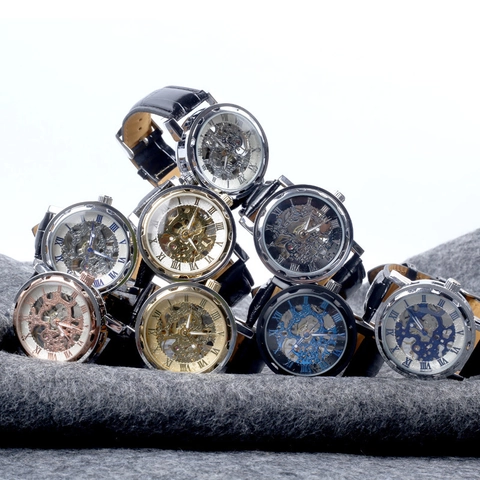 Automatic Mechanical Watch For Men Skeleton Dial Luminous Business Casual Retro Style Leather Strap Water Resistant