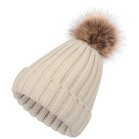 Berretto In Maglia Acrilico Caldo Foderato In Pile A Costine Con Pompon In Pelliccia Sintetica Rimovibile Inverno Donne Bambini