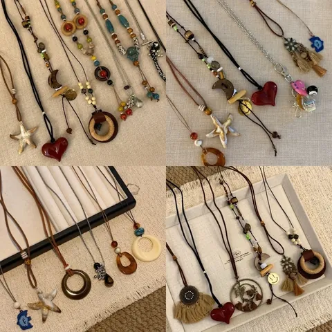 Collana Lunga Con Ciondolo Boho Retrò Etnico Fatto A Mano Perline In Resina Legno Cordino Cotone Gioielli Donna