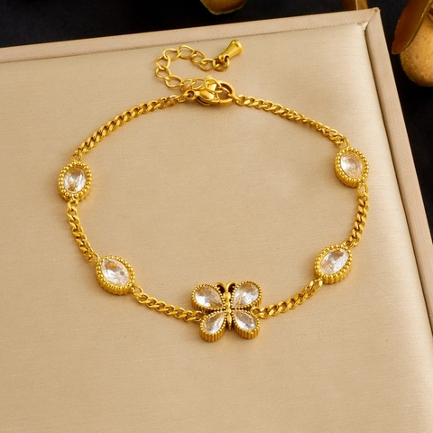 Bracciale In Acciaio Inossidabile Farfalla Placcato Oro Zircone Ovale Ciondolo Insetto Catena Gioielli Per Donna Minimalista