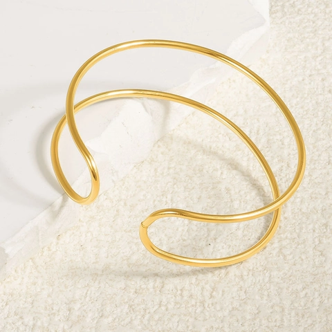Bracciale Rigido Aperto A Doppio Strato Minimalista Acciaio Inossidabile 304 Placcato Oro 18K Regolabile Geometrico Donna
