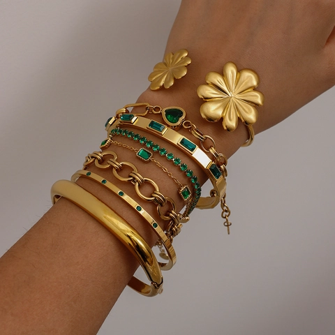 Vintage Luxury Stainless Steel Bracelet Bangle Green Zircon Heart Flower Gold Plated Waterproof Jewelry For Women