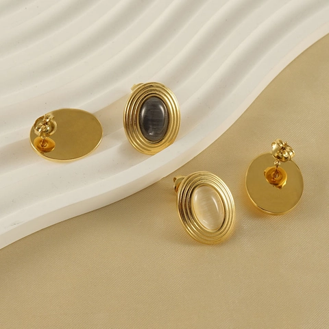 Pendientes De Botón Ovalados Chapados En Oro 18K Acero Inoxidable Con Piedra Natural Ojo De Chat Joyería Mujeres