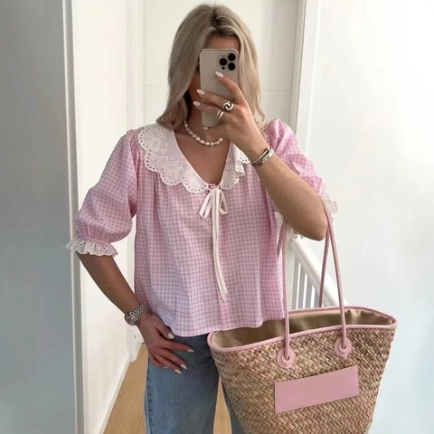 Camicetta Gingham Dolce Francese Colletto Peter Pan In Pizzo Fiocco Top In Poliestere Per Donna
