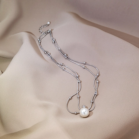 Minimalistische Roestvrijstalen Gelaagde Halsketting Geometrische Metalen Kralen Kunstparel Hanger Sieraden Dames