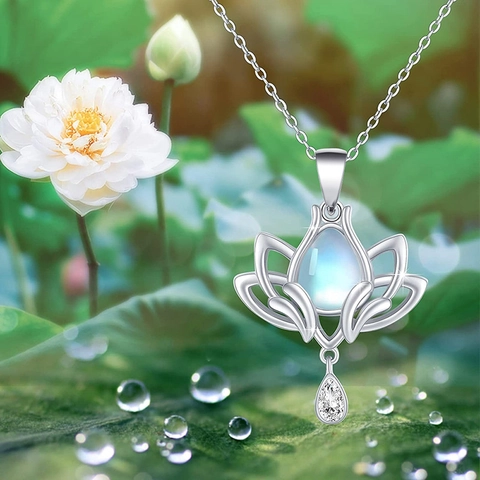 Lotus Flower Pendant Necklace Copper With Blue Imitation Moonstone And Zircon Elegant Nature Inspired Jewelry For Women