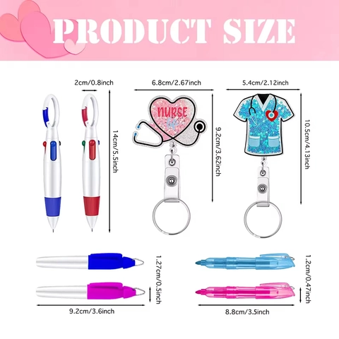 Retractable Badge Reel With Multi Color Ballpoint Pen And Mini Marker Highlighter Nurse Life Glitter Acrylic Badge Holder For Medical Professional