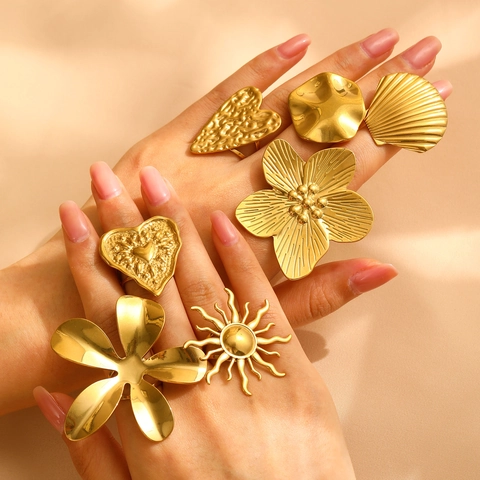 Oversized Statement Ring Gold Plated Stainless Steel Flower Heart Sun Shell Adjustable Bohemia Jewelry For Women