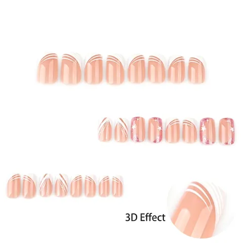 Unghie Press On French Tip Quadrate Medie Corte Rosa Nude Con Strisce 3D Stella Bianca Glitter Eleganti