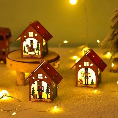 Wooden Christmas Hanging House Nutcracker Soldier LED Luminous Warm Light Festive Tree Ornaments Vintage Holiday Decor