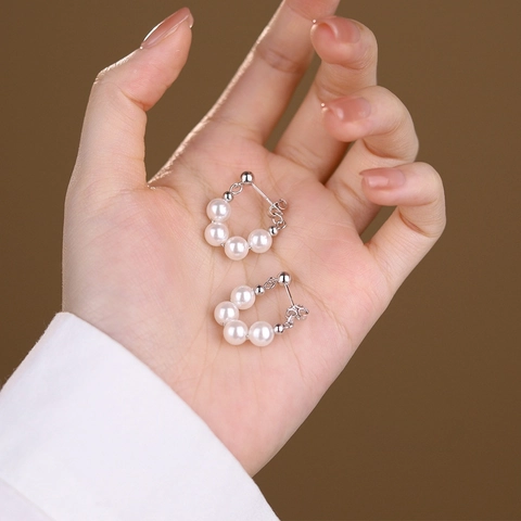 French Retro Artificial Pearl Beaded Hoop Earrings With 925 Sterling Silver Earring Post Elegant Versatile Jewelry For Women