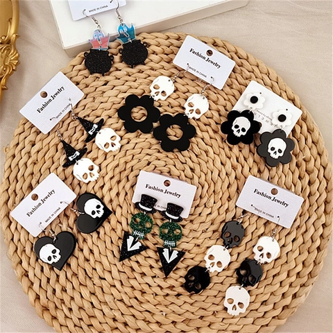 Pendientes Colgantes De Acrílico Para Halloween Calavera Fantasma Sombrero De Mago Joyería Gótica Poste De Acero