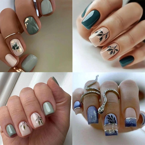 Press On Nails ABS Plastic French Style Flower Leaf Pattern Glitter Short Square Round For Women With Glue Kit