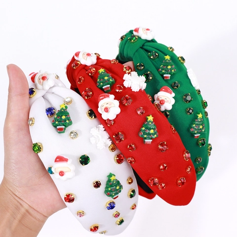 Bandeau De Noël Noué Large Tissu Résine Père Noël Arbre Flocon De Neige Strass Accessoire De Fête Pour Femmes