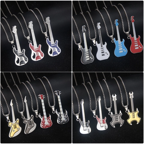Guitar Pendant Necklace Stainless Steel Chain Alloy Enamel Rhinestone Rock Music Jewelry Note Jazz Bass Instrument Shape