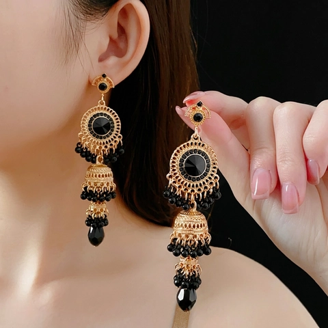 Pendientes Colgantes Jhumka Vintage Aleación Cristal Estrás Cuenta Étnico Bohemio Joyería Mujer Con Poste De Acero