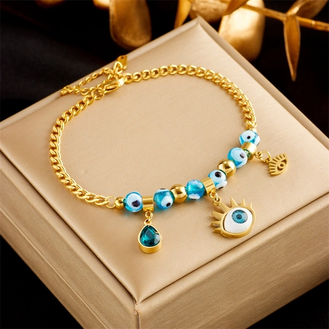 Vintage Titanium Staal Armband Met Boze Oog Kralen En Blauwe Strass Waterdruppel Hanger Gouden Ketting Unisex Sieraden