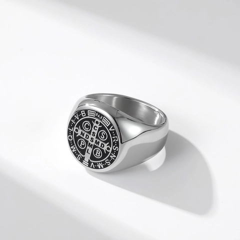Anello Sigillo Medaglia San Benedetto Acciaio Inossidabile Religioso Croce Esorcista Retro Gioielli Per Uomo