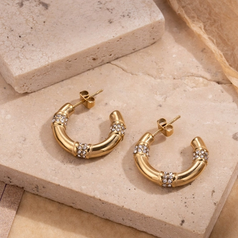 Titaniumstaal C-Vorm Creolen Voor Dames Minimalistisch Roestvrij Staal Micro Strass Ingelegde Mode Oorbellen Sieraden