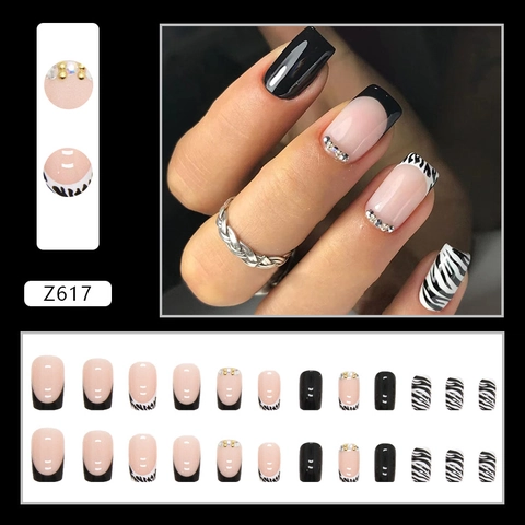 Artificial Press On Nails French Square Round Zebra Stripe Design Rhinestone Glossy False Nails For Women