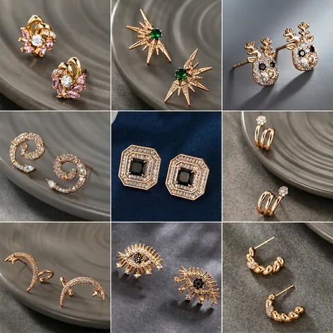 Pendientes De Aleación Con Circonita Chapado En Oro Geométrico Corazón Estrella Flor De Botón Para Mujer Joyería De Moda