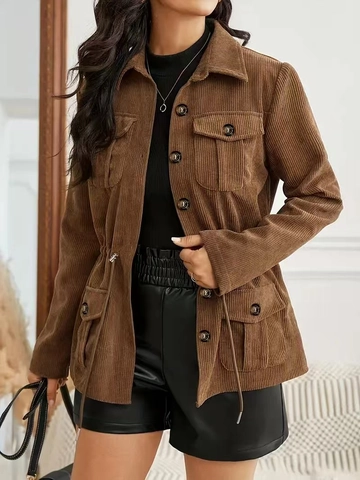 Dames Corduroy Shacket Jas Taille Met Trekkoord Knopen Lange Mouwen Cargo Zakken Casual Vintage Outwear