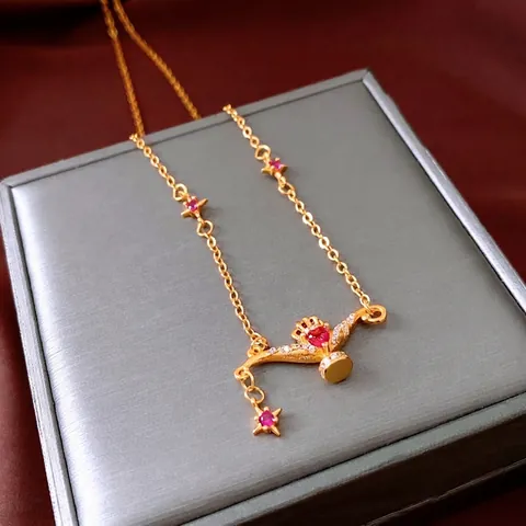 Gold Überzogene Kupferhalskette Magische Lampe Herz Stern Anhänger Roter Pinker Zirkon Verstellbarer Schmuck Für Frauen