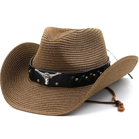 Western Cowboy Straw Hat With Leather Band And Metal Bull Head Wide Brim Sun Protection Adjustable Wind Rope For Men Women