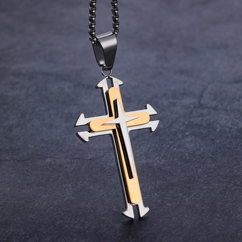 Collier Pendentif Croix Bicolore Acier Inoxydable Double Couche Rétro Poli Hip Hop Bijoux Pour Hommes Cadeau Religieux