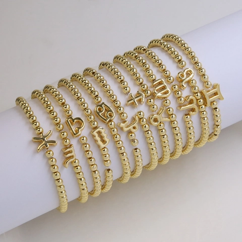 18k Gold Plated Brass Twelve Zodiac Sign Beaded Bracelet Elastic Adjustable Constellation Charm Bracelet For Women Jewelry