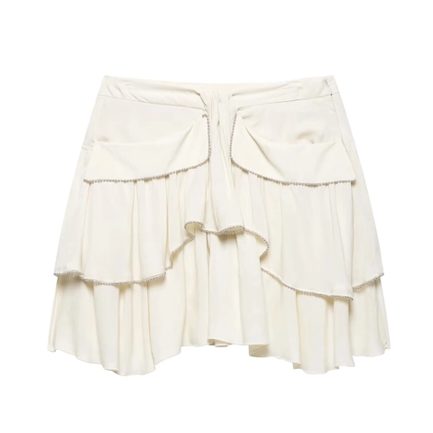 Women Layered Ruffle Mini Skirt Polyester Chiffon Tiered Cake Design With Silver Bead Trim Sexy High Waist