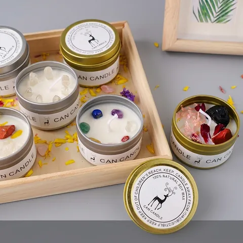 Scented Aromatherapy Candle Natural Soy Wax Tin Jar With Healing Crystal Stones And Dried Flowers Home Decor Gift