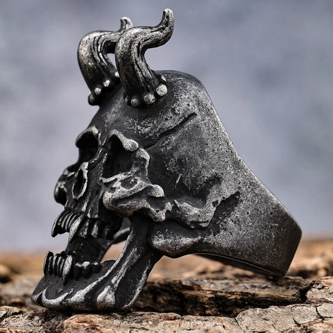 Horn Totenkopf Ring Edelstahl Vintage Gothic Punk Biker Schmuck Für Herren